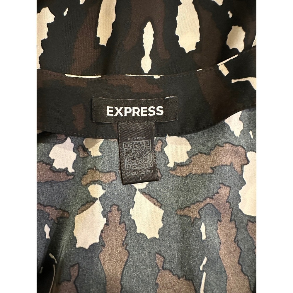 Express Womens Blouse Large Black Brown Abstract Print V-Neck Conscious Edit Top - Picture 3 of 7